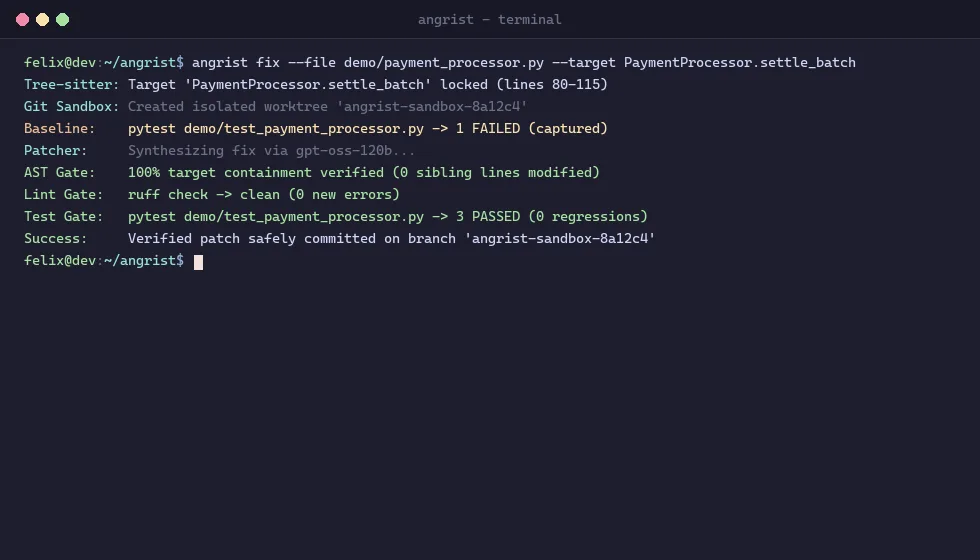 Angrist CLI showing a targeted Python function repair, followed by test and lint validation in an isolated worktree