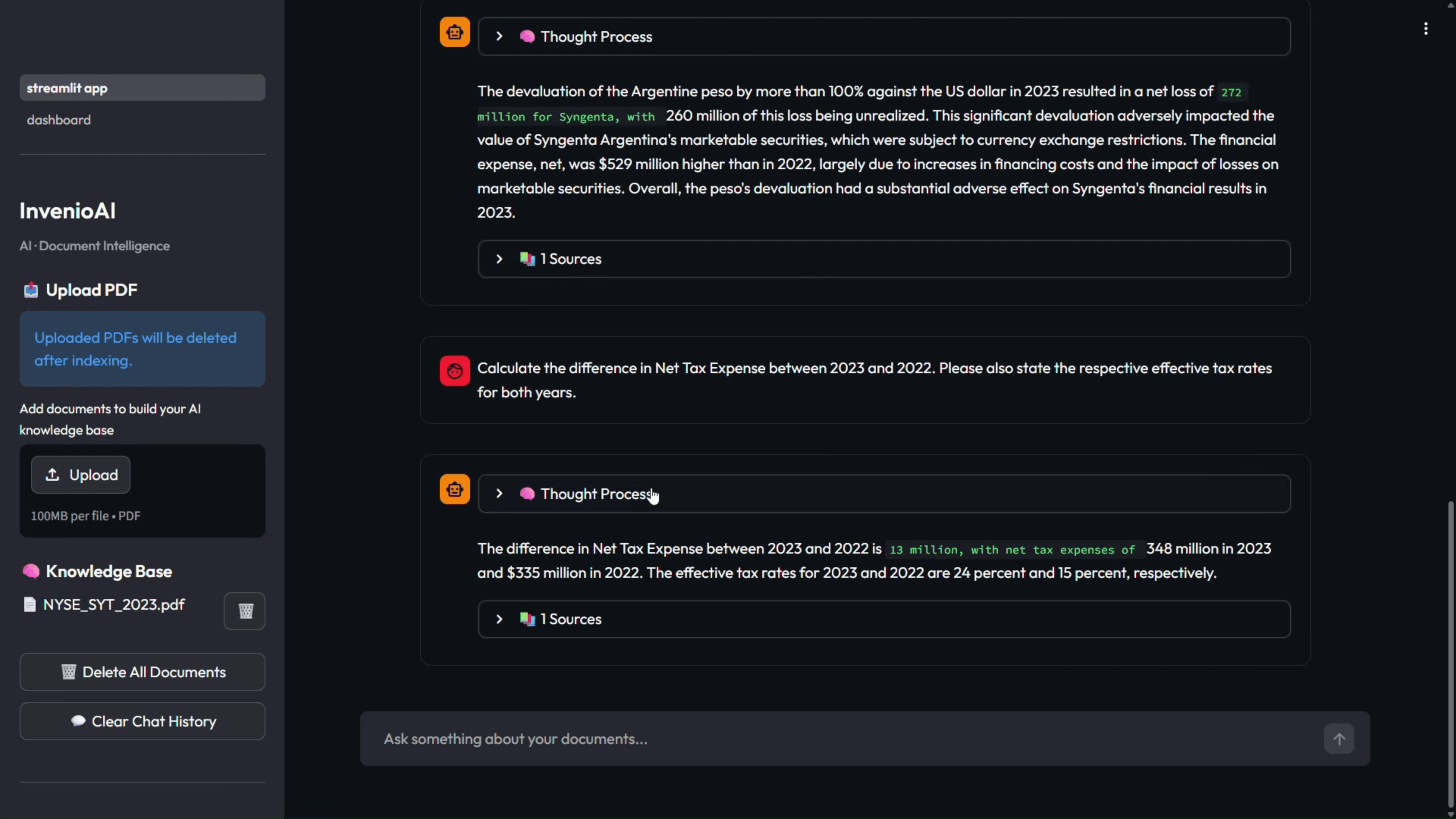 InvenioAI answering a question over a PDF, with its retrieved sources listed beside the answer