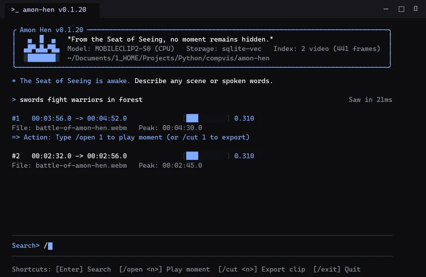Amon Hen CLI search results showing timestamped video segments matched to a natural-language query