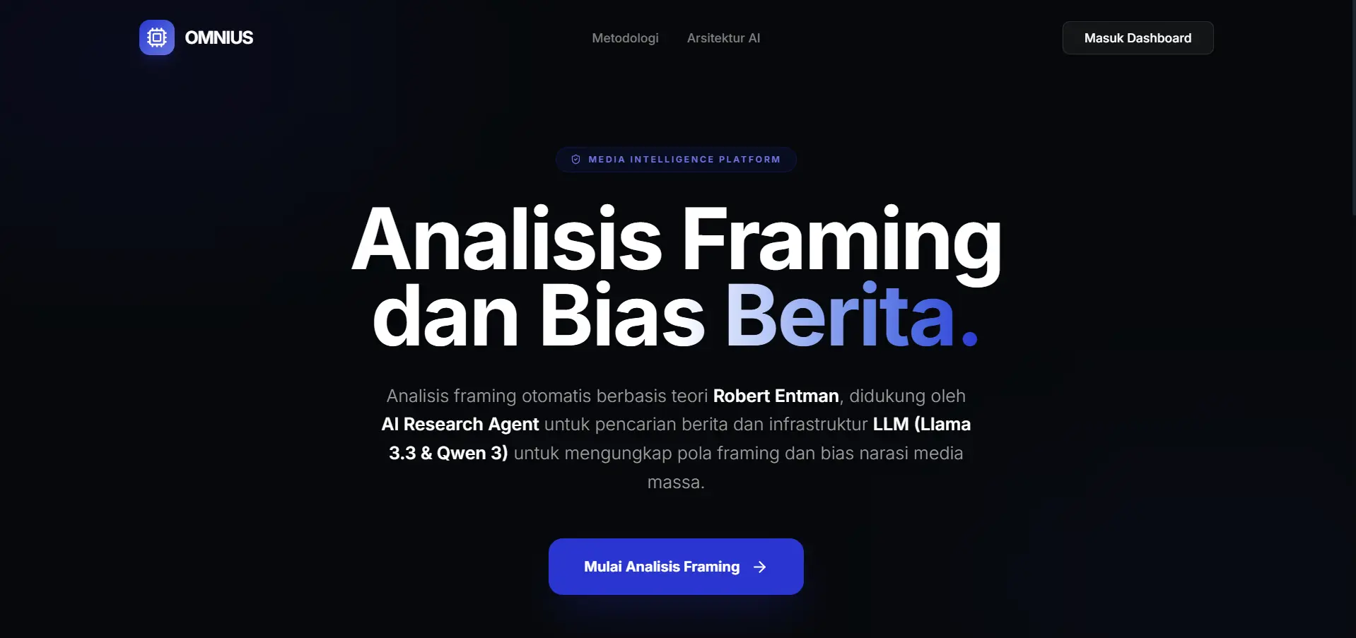 The Omnius dashboard scoring a news article against Entman's four framing pillars